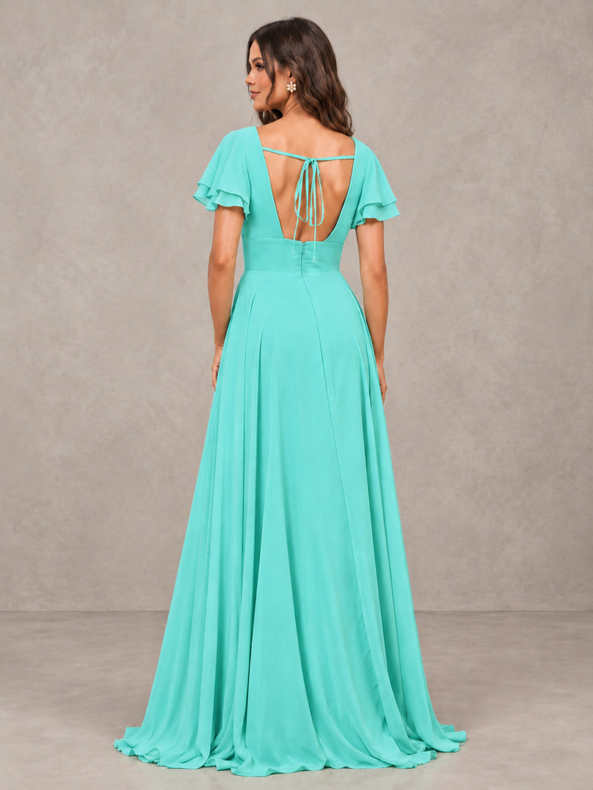 BOLODOO Turquoise Flutter Sleeve Chiffon A-Line Maxi Bridesmaid Dress with Open Back & Slit - Turquoise - Turquoise (2)