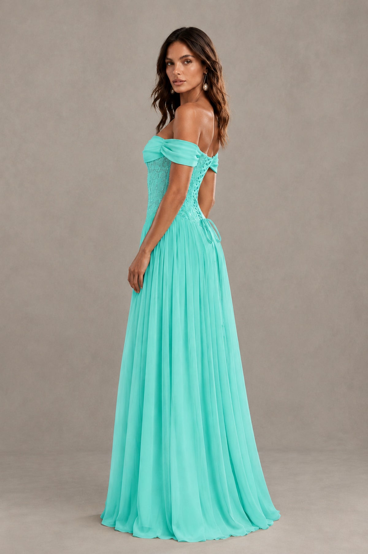 BOLODOO Turquoise Off-Shoulder Lace Corset Tulle Maxi Dress - Turquoise - Turquoise (2)