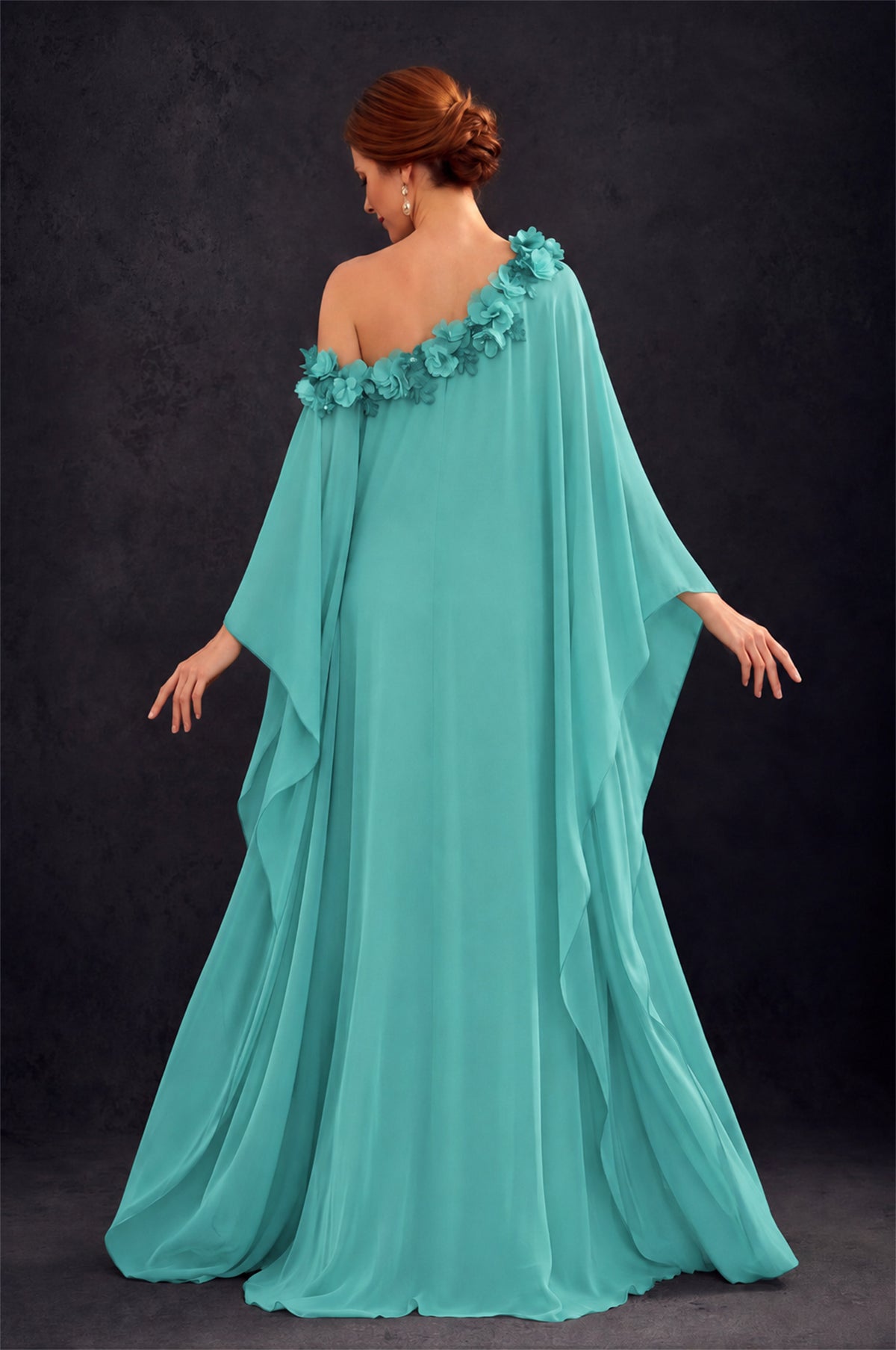 BOLODOO Turquoise 2-Piece Set: Off-Shoulder 3D Floral Cape Gown & One-Shoulder Wide-Leg Jumpsuit | BD0373 - Turquoise