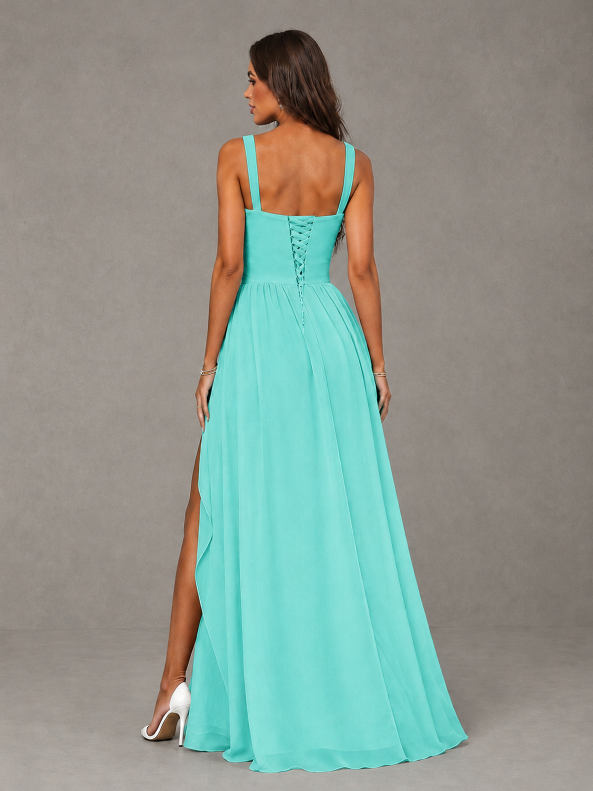 BOLODOO Turquoise A-Line Bridesmaid Dress with High Slit & Lace-Up Back - Turquoise - Turquoise (2)