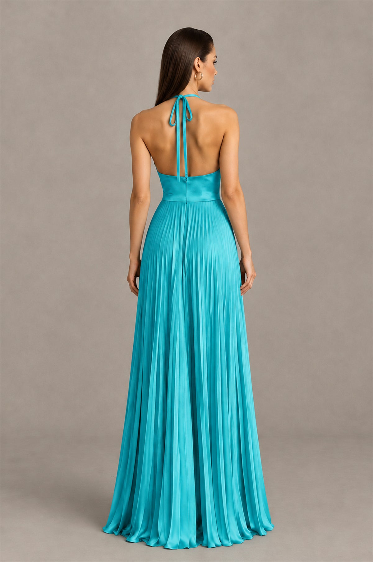 BOLODOO Turquoise Halter Pleated A-Line Evening Dress - Turquoise - Turquoise (2)