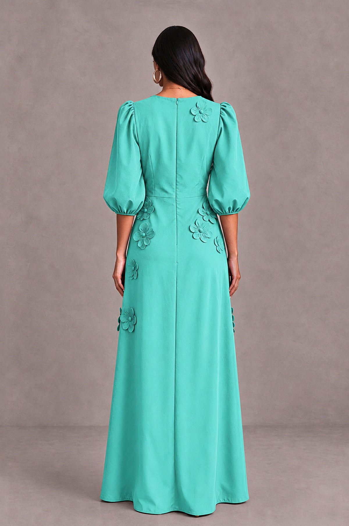 BOLODOO Turquoise Floral Applique Puff Sleeve A-Line Evening Dress - Turquoise - Turquoise (2)