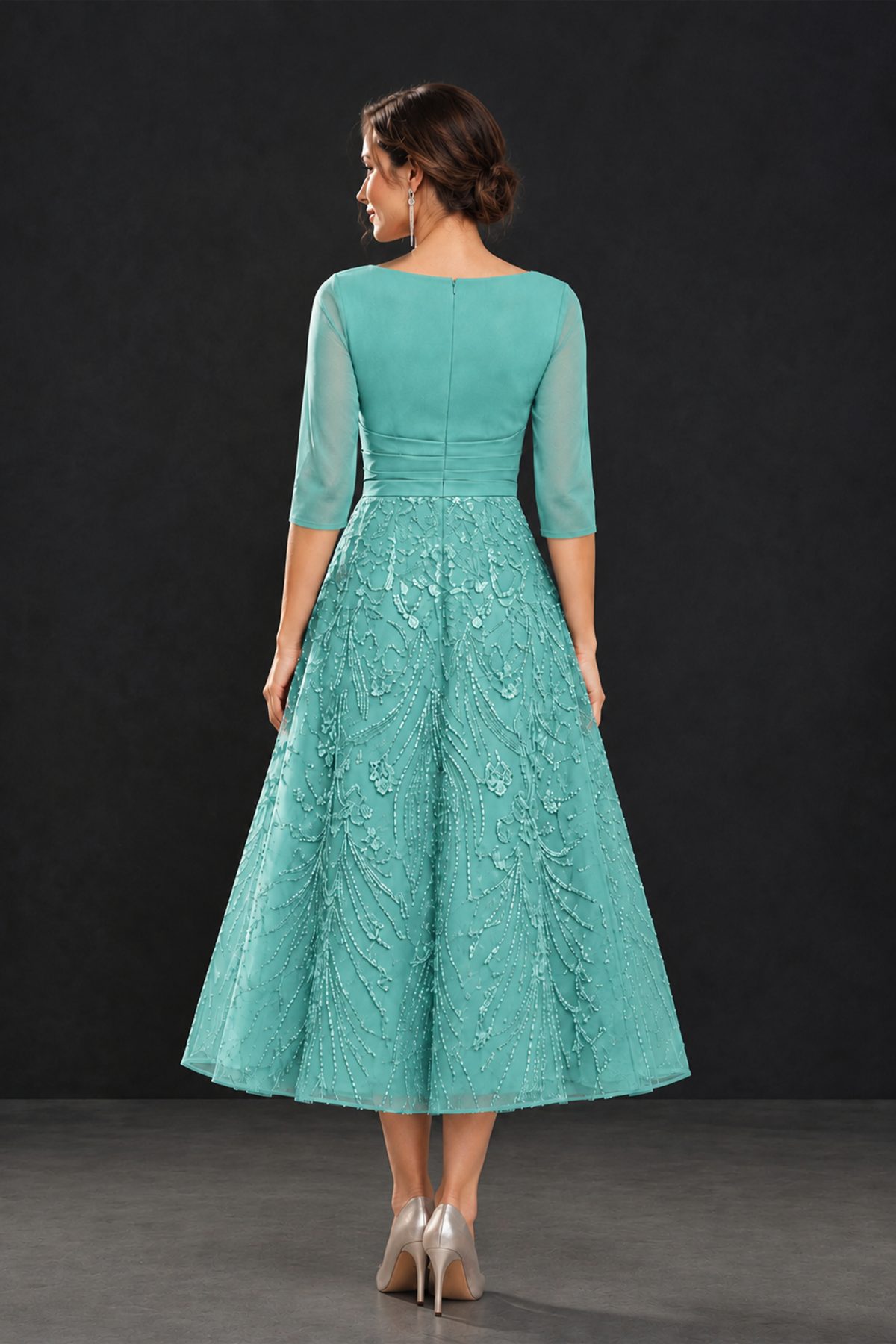 BOLODOO Turquoise V-Neck Tea-Length Lace Mother of the Bride Dress - Turquoise