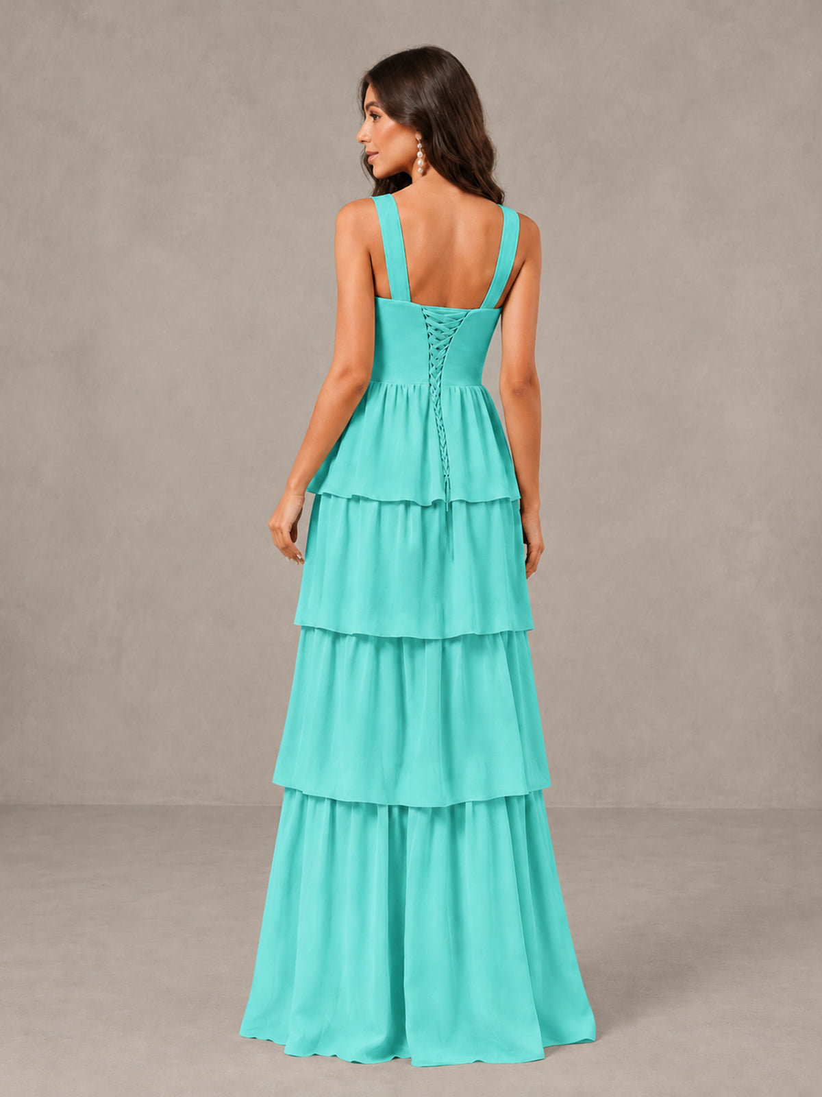 BOLODOO Turquoise Square Neck Tiered Bridesmaid Dress with Slit - Turquoise - Turquoise (2)