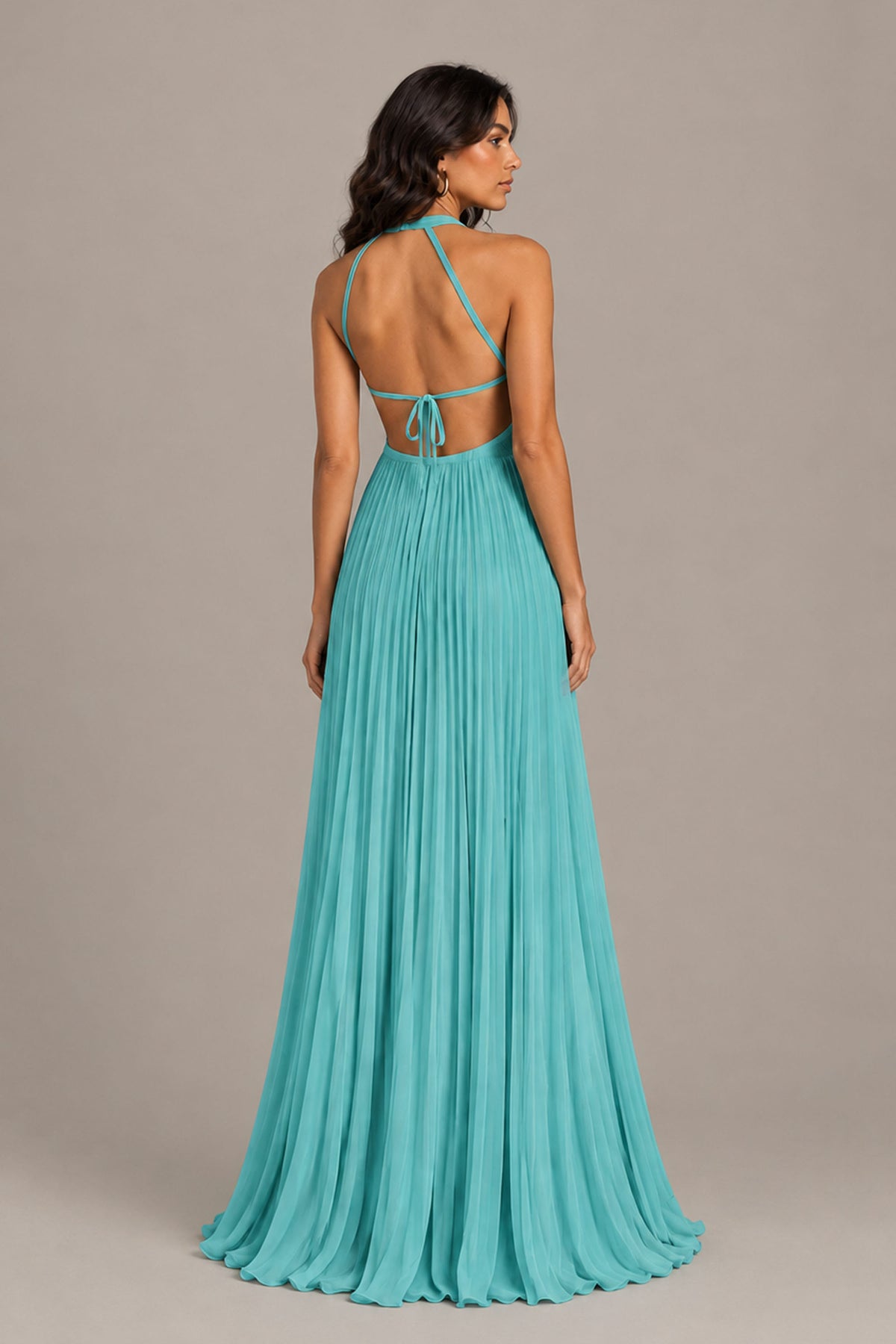 BOLODOO Turquoise Halter Neck Pleated Chiffon Maxi Dress with Side Slit - Turquoise