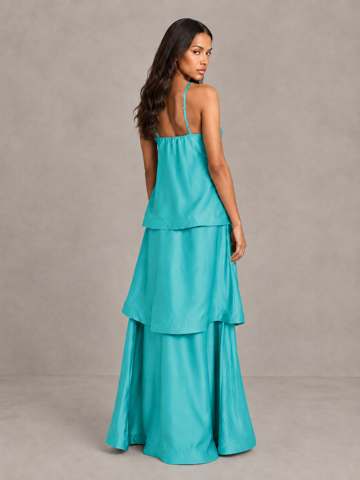 BOLODOO Turquoise Satin Tiered Maxi Dress with Spaghetti Straps - Turquoise