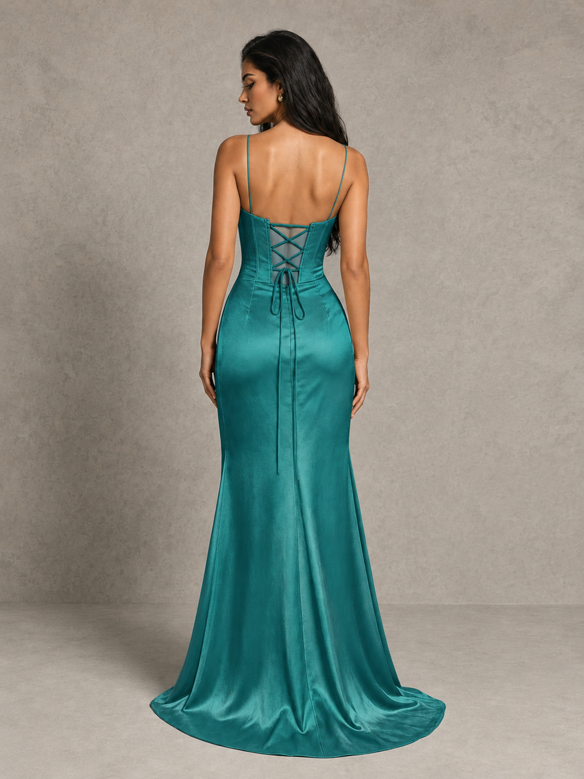 BOLODOO Turquoise Satin Corset Prom Dress with High Slit & Lace-Up Back - Turquoise - Turquoise (2)