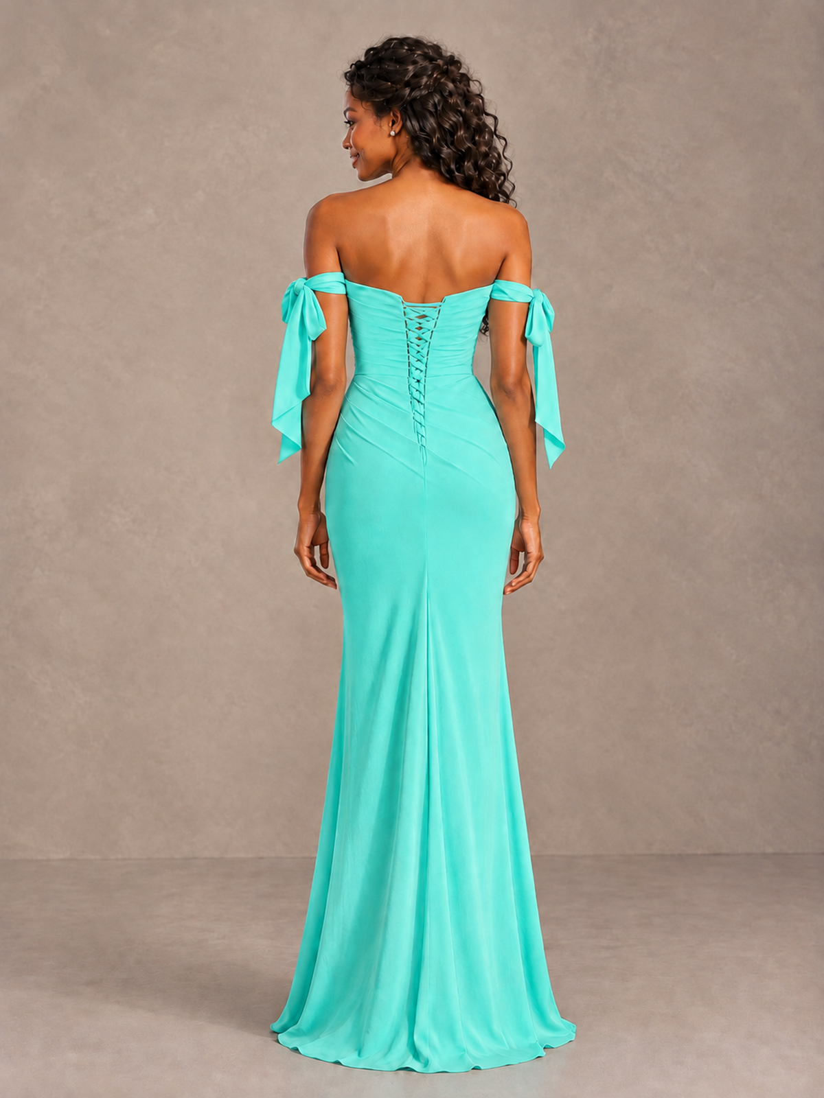Turquoise Off-Shoulder Bow Bridesmaid Dress with Slit - Turquoise - Turquoise (2)