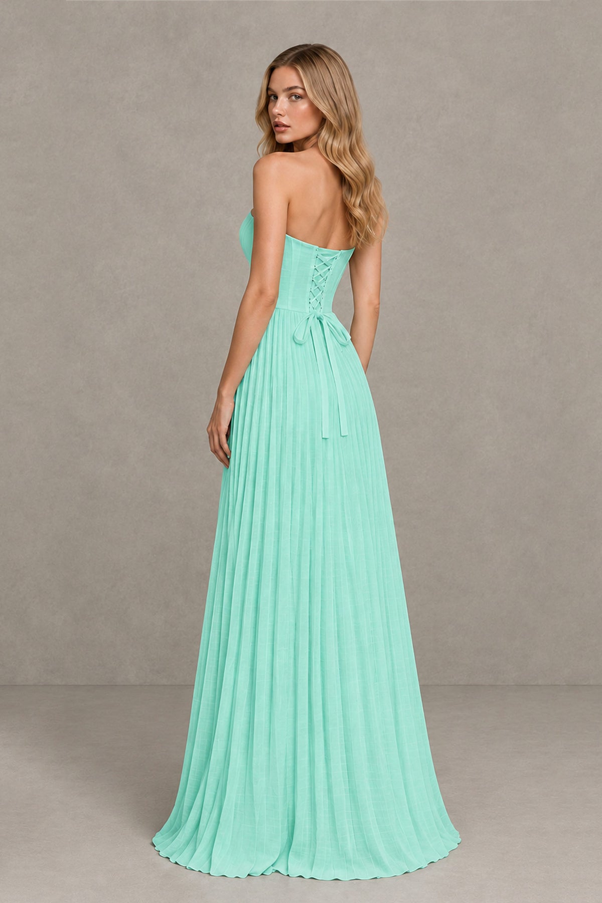 BOLODOO Turquoise Strapless Sunburst Pleated Twisted Knot Lace-Up Back Accordion Pleated Chiffon Maxi Dress - Turquoise