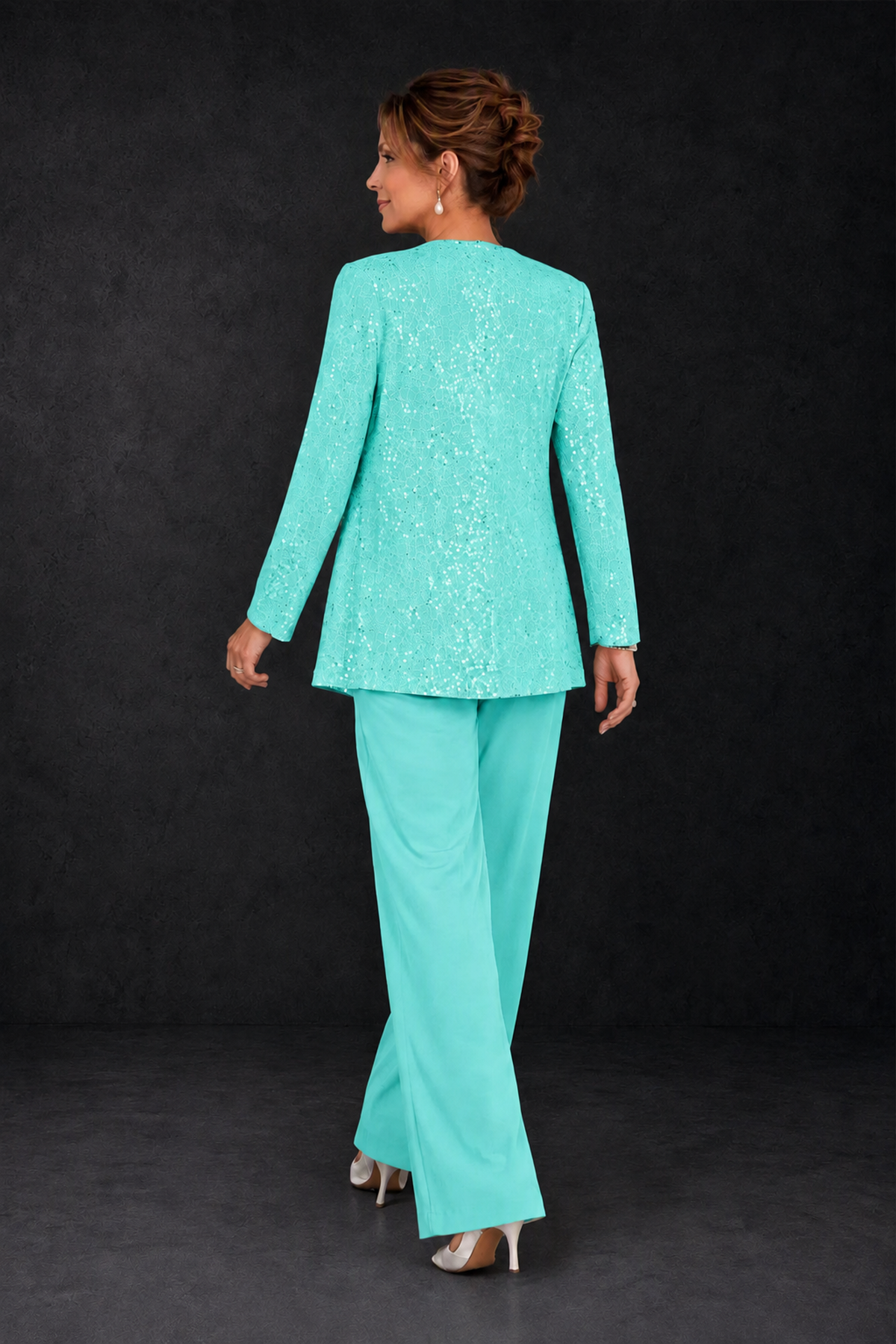 BOLODOO Turquoise Sequin Lace 3-Piece Pant Suit with Long Sleeve Jacket - Turquoise - Turquoise (2)