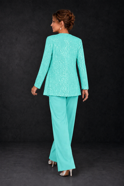 BOLODOO Turquoise Sequin Lace 3-Piece Pant Suit with Long Sleeve Jacket - Turquoise - Turquoise (2)