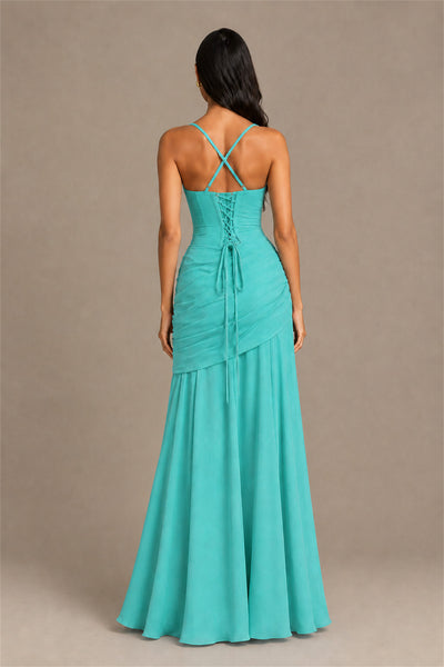 BOLODOO Square Neck Ruched A-Line Maxi Dress - Turquoise Backless Evening Gown - Turquoise