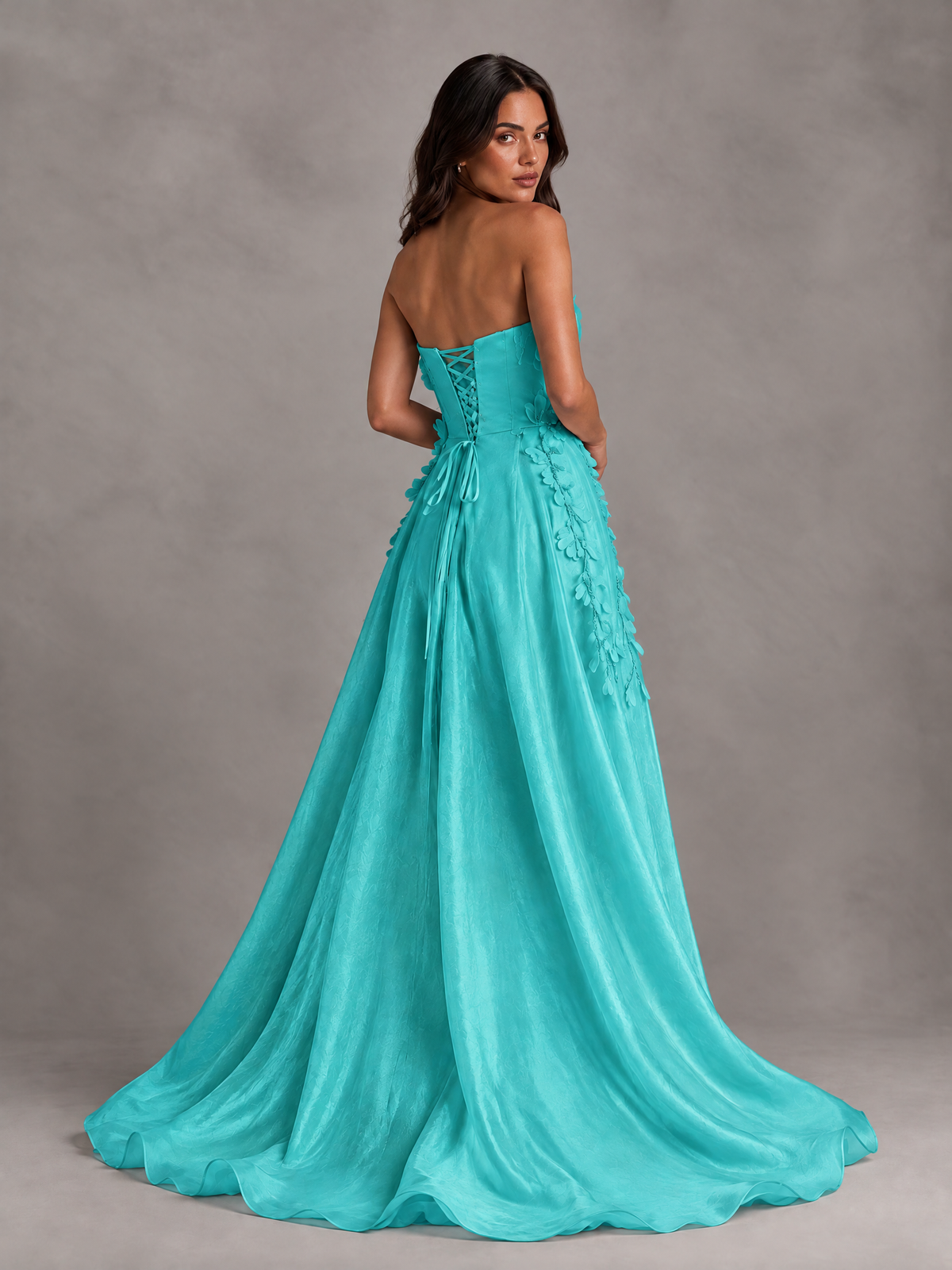 BOLODOO Turquoise Strapless Floral Applique Prom Dress with Overskirt - Turquoise - Turquoise (2)