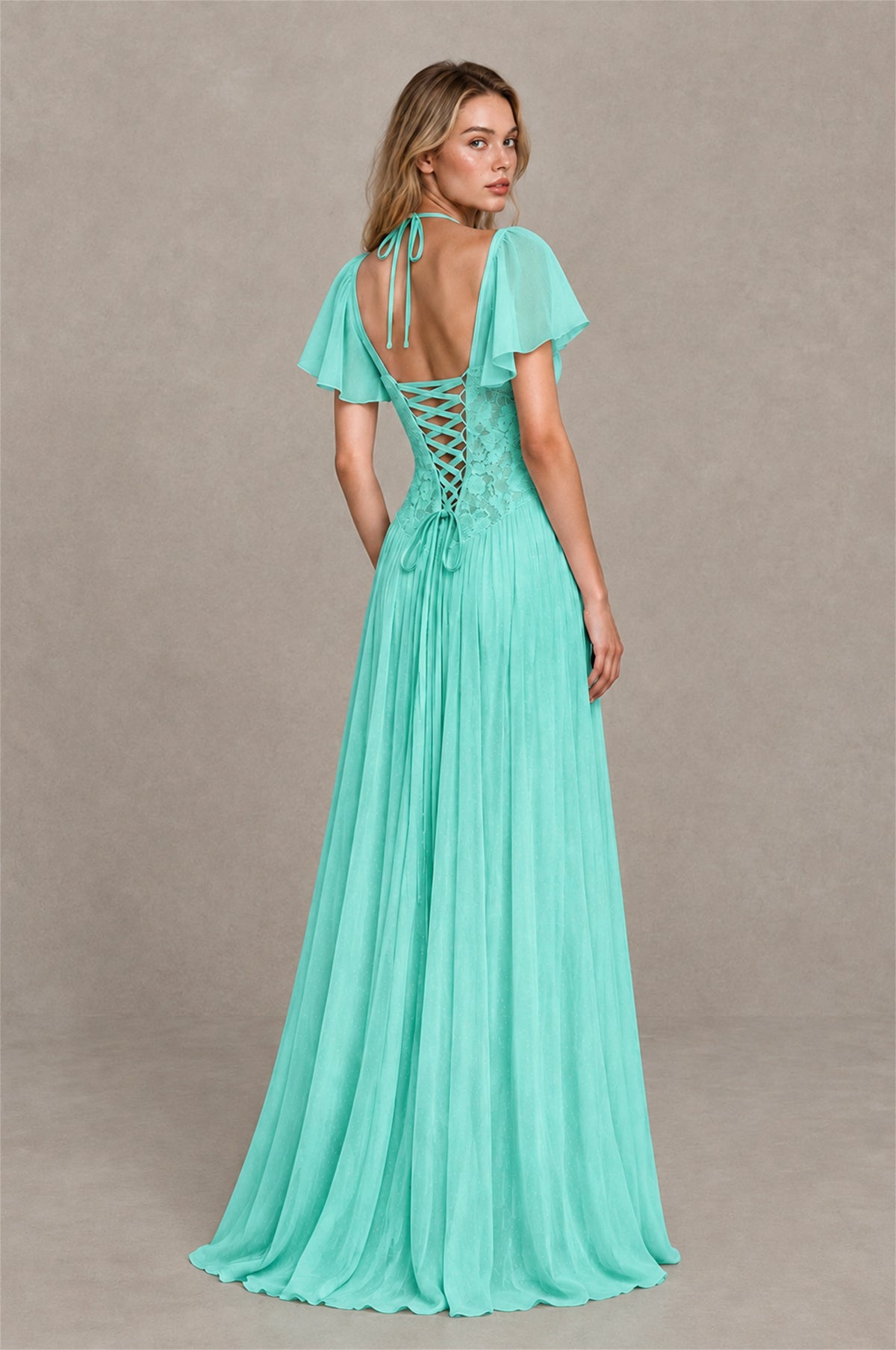 BOLODOO Turquoise Flutter Sleeve Lace Corset A-Line Maxi Dress - Turquoise - Turquoise (2)