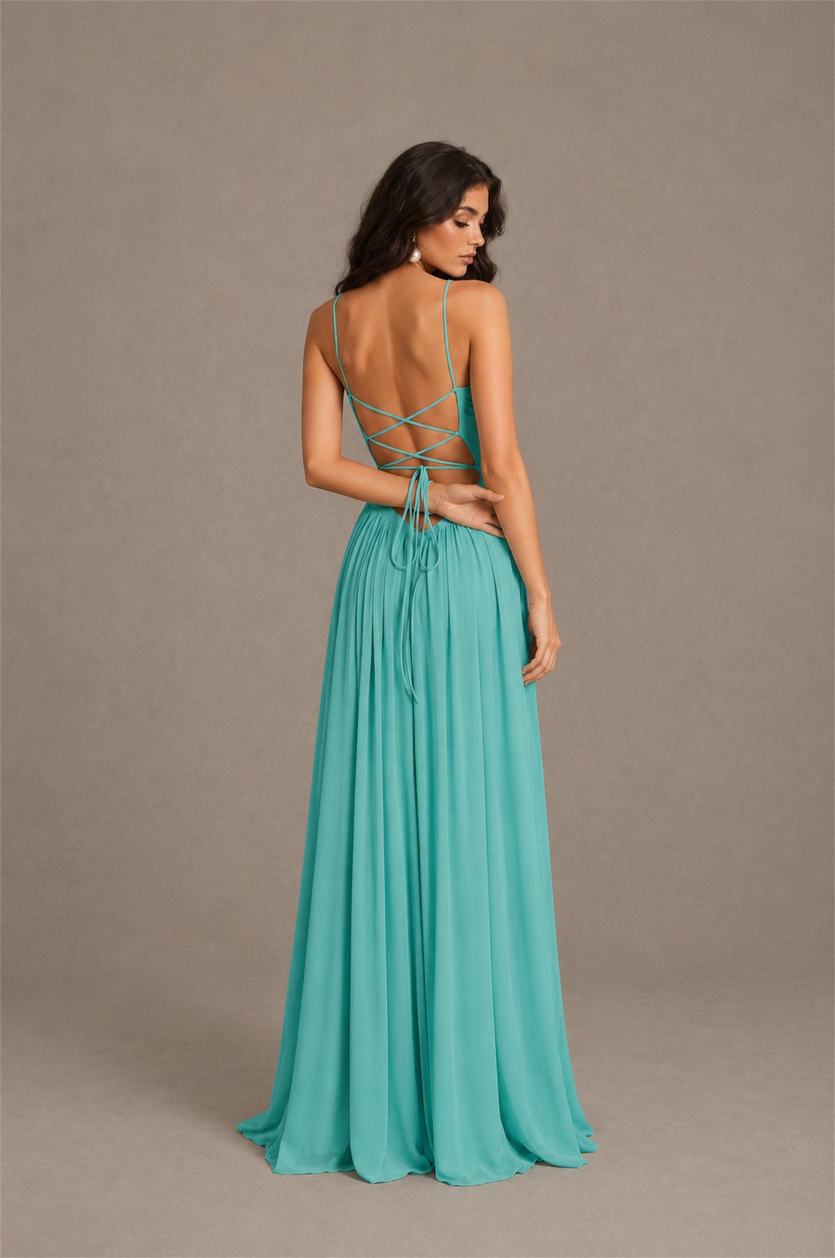 BOLODOO Turquoise Spaghetti Strap Square Neck Ruched Chiffon Maxi Dress with Lace-Up Back - Turquoise