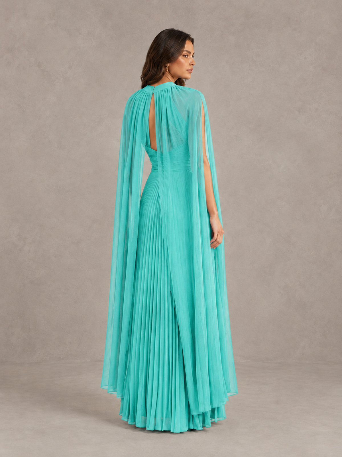 BOLODOO Turquoise Pleated Cape Maxi Wedding Guest Dress - Turquoise - Turquoise (2)