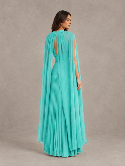 BOLODOO Turquoise Pleated Cape Maxi Wedding Guest Dress - Turquoise - Turquoise (2)