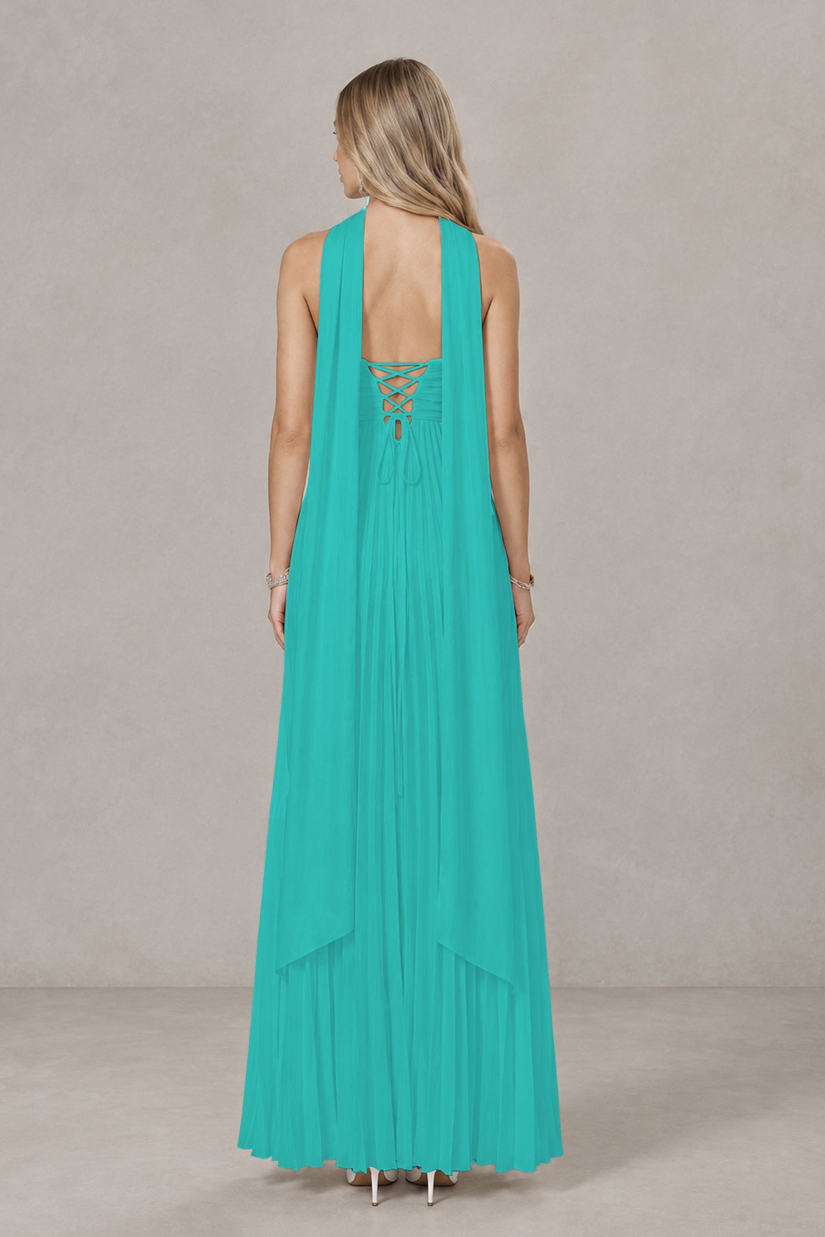 BOLODOO Turquoise Strapless Chiffon-Look Maxi Dress with Lace-Up Back & Cape - Turquoise