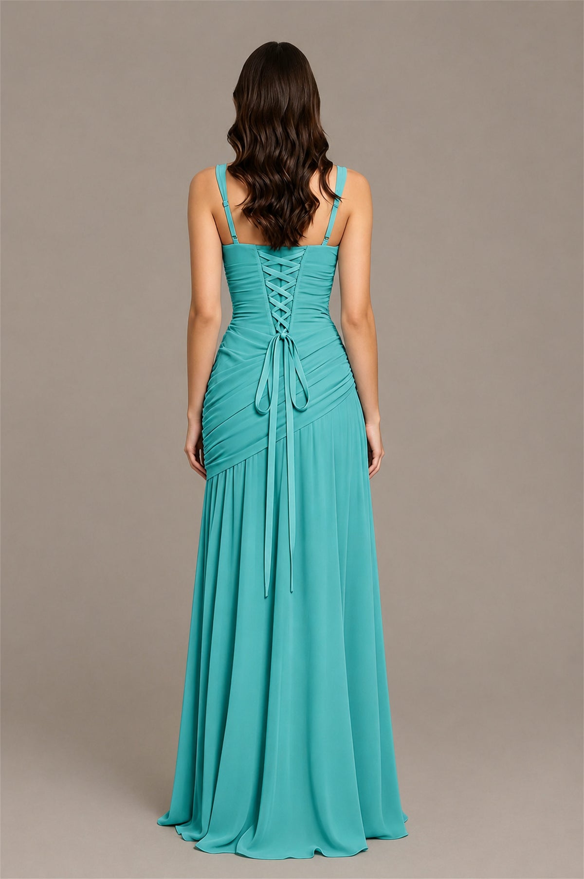 BOLODOO Turquoise Spaghetti Strap Ruched Maxi Dress – Formal Evening Gown with Slit - Turquoise