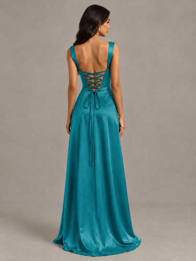 BOLODOO Turquoise Satin Lace-Up Bridesmaid Dress with Slit - Turquoise - Turquoise (2)