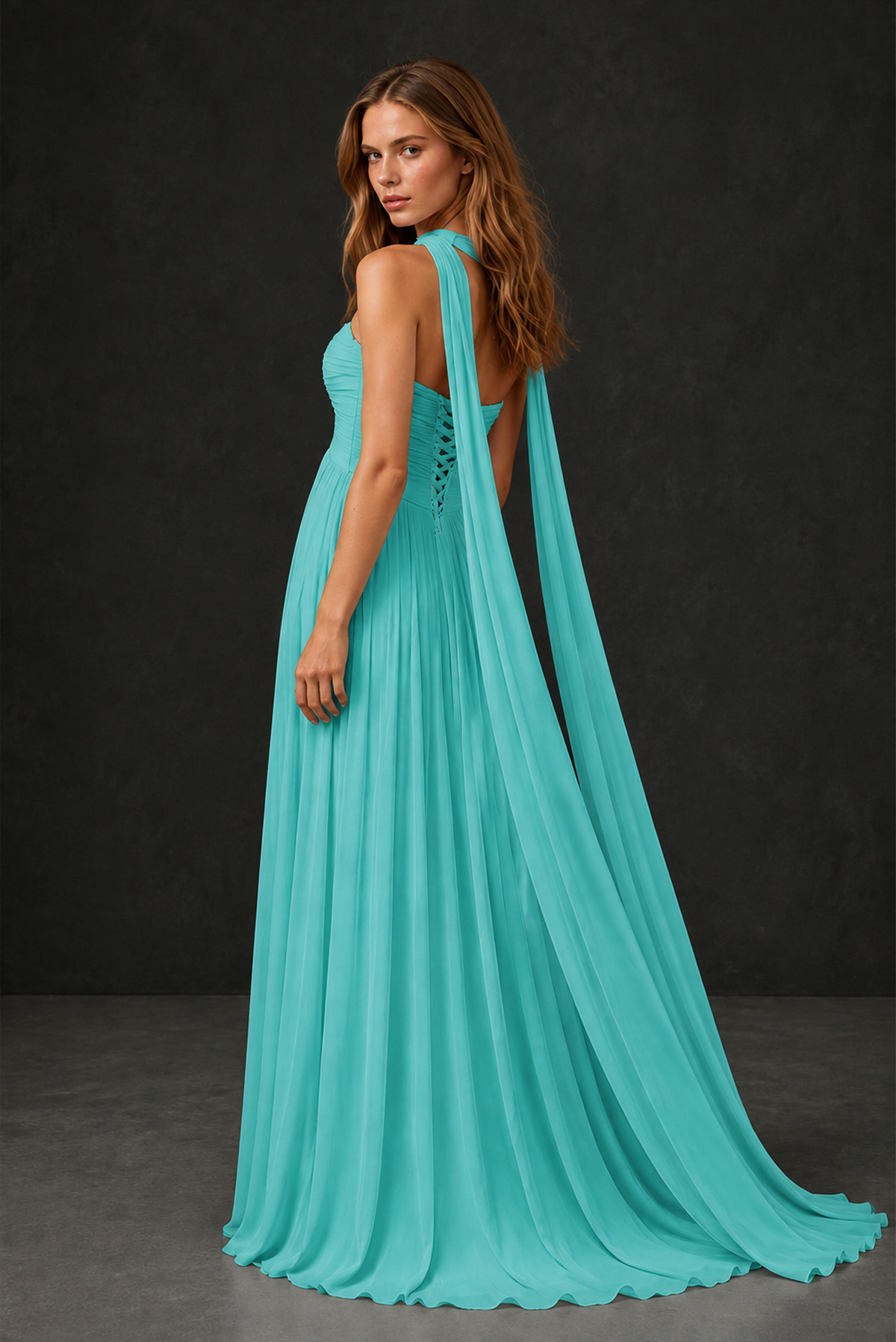 BOLODOO Turquoise Sweetheart Strapless Twist Knot Detached Halter Scarf Lace-Up Back Empire Waist Chiffon Maxi Dress - Turquoise