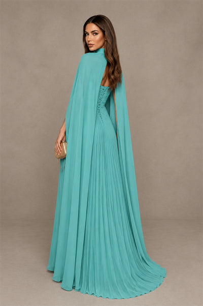BOLODOO Turquoise Strapless Crossover Ruched Bodice Detached Turtleneck Cape Lace-Up Back Pleated Chiffon Maxi Dress - Turquoise