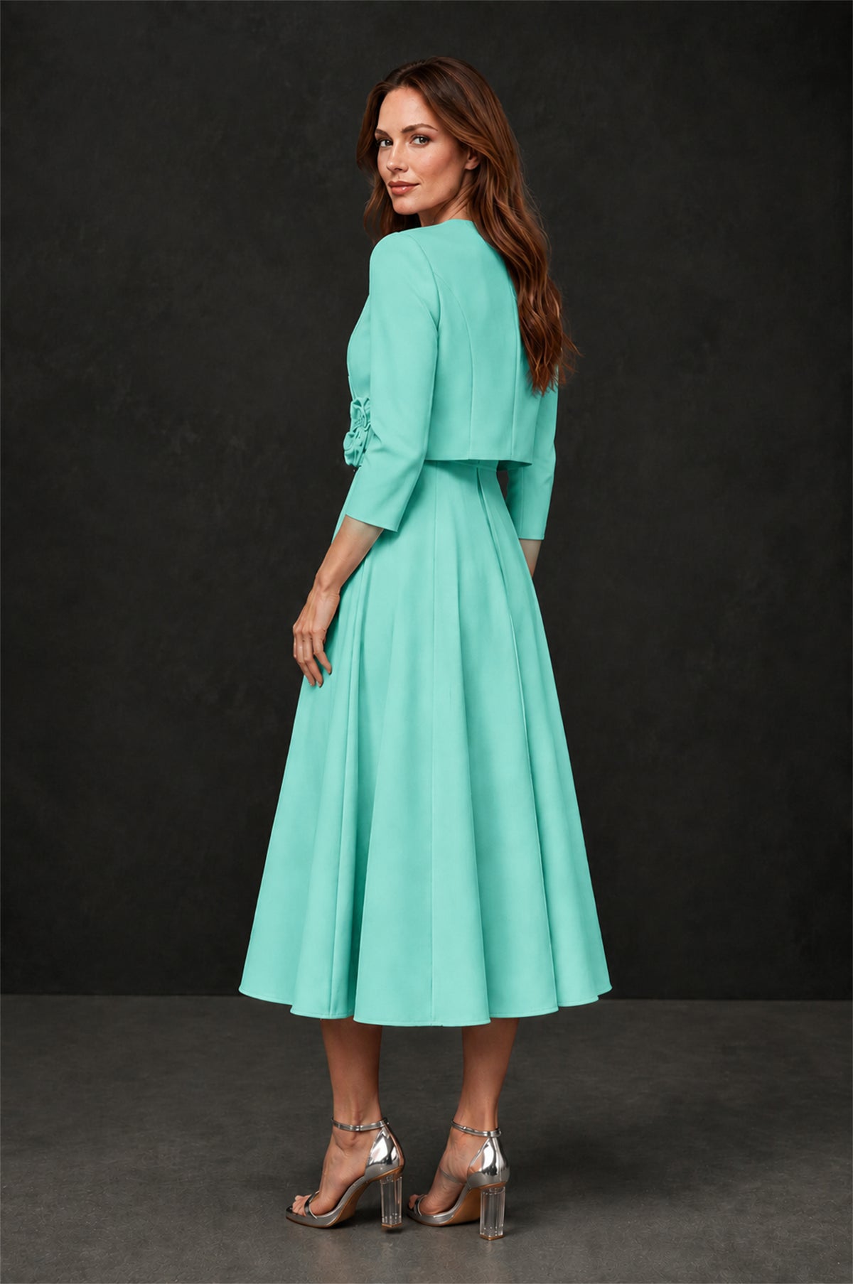BOLODOO Turquoise 3D Rosette Appliqué 3/4 Sleeve Jacket & V-Notch Sleeveless A-Line Tea-Length Two-Piece Dress Set - Turquoise