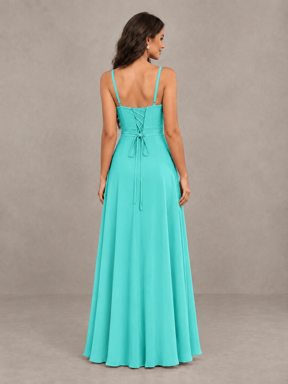 BOLODOO Turquoise Spaghetti Strap Ruffle Bridesmaid Dress with Slit - Turquoise - Turquoise (2)