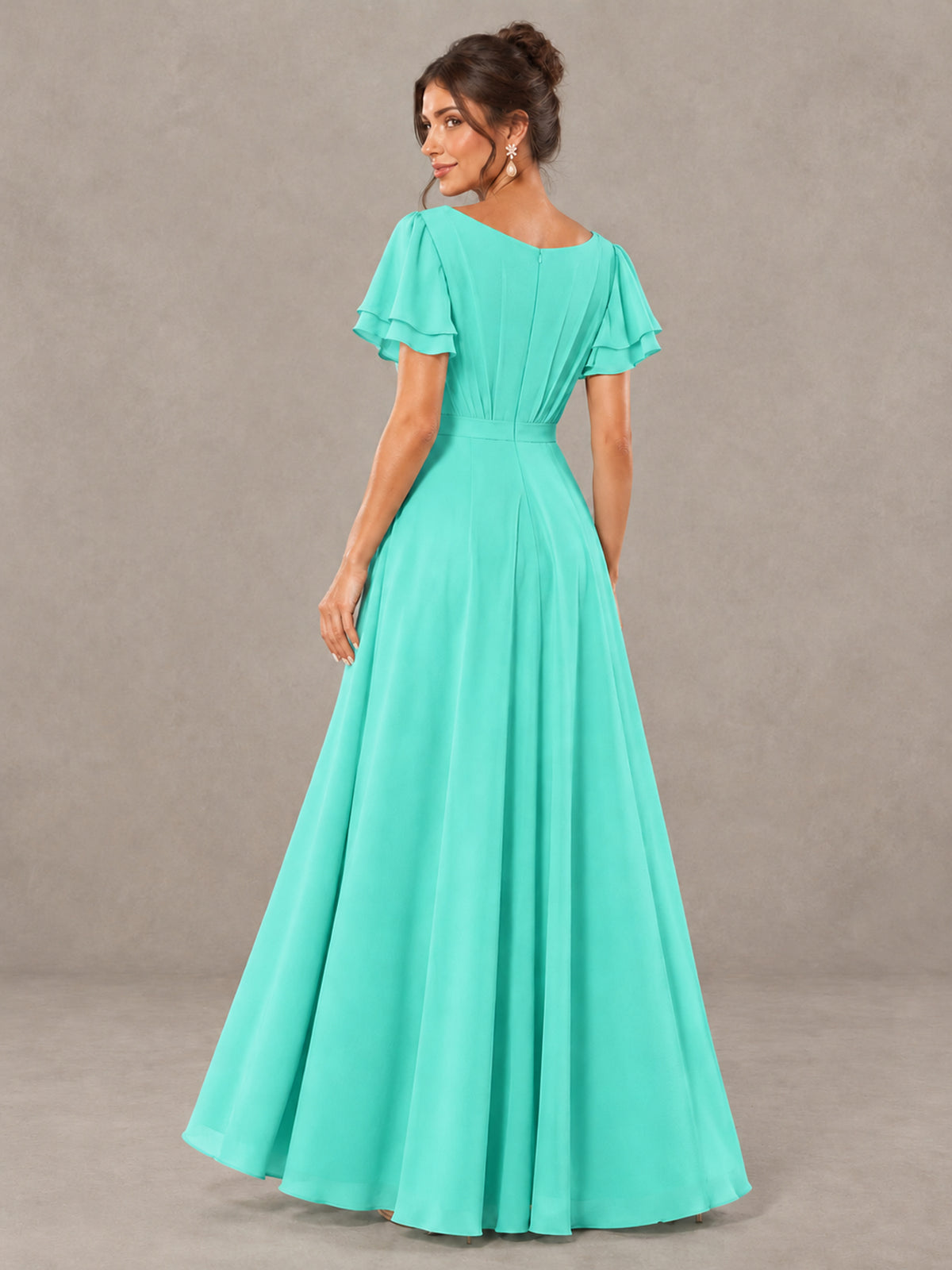 BOLODOO Turquoise Flutter Sleeve Ruffle Bridesmaid Dress with Slit - Turquoise - Turquoise (2)