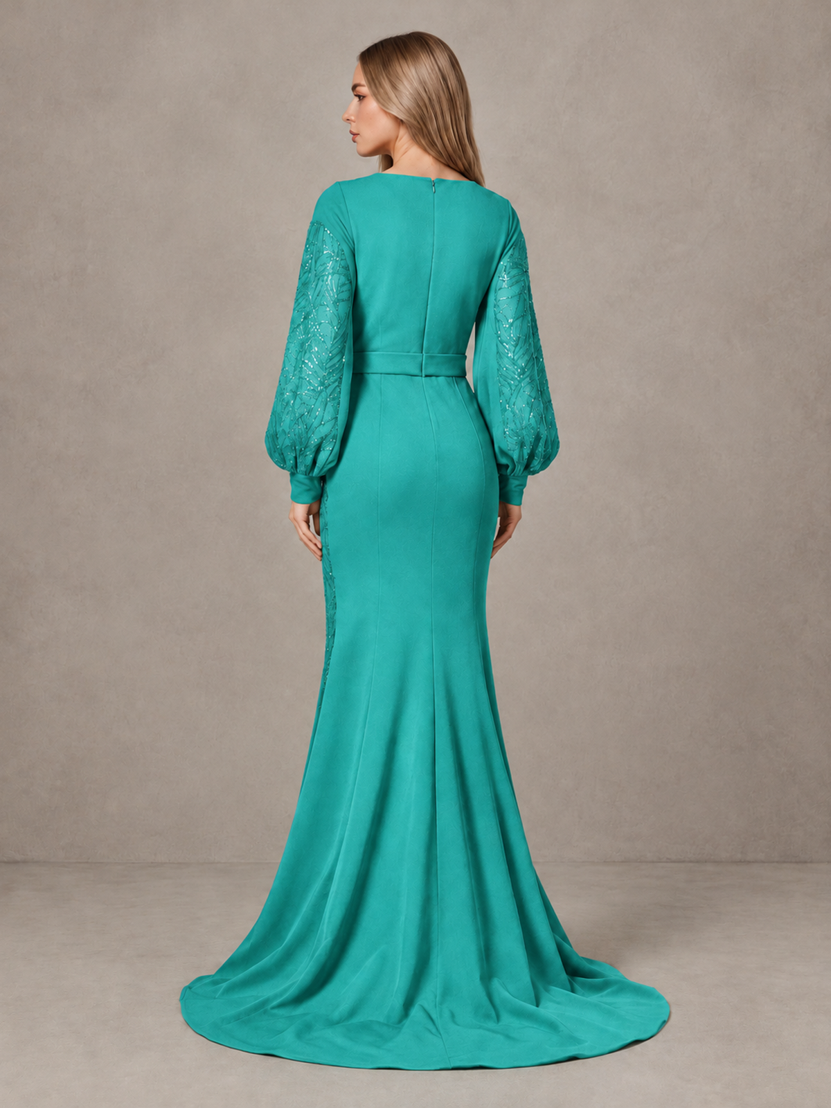BOLODOO Turquoise Sequin Long Bishop Sleeve Mermaid Evening Dress - Turquoise - Turquoise (2)