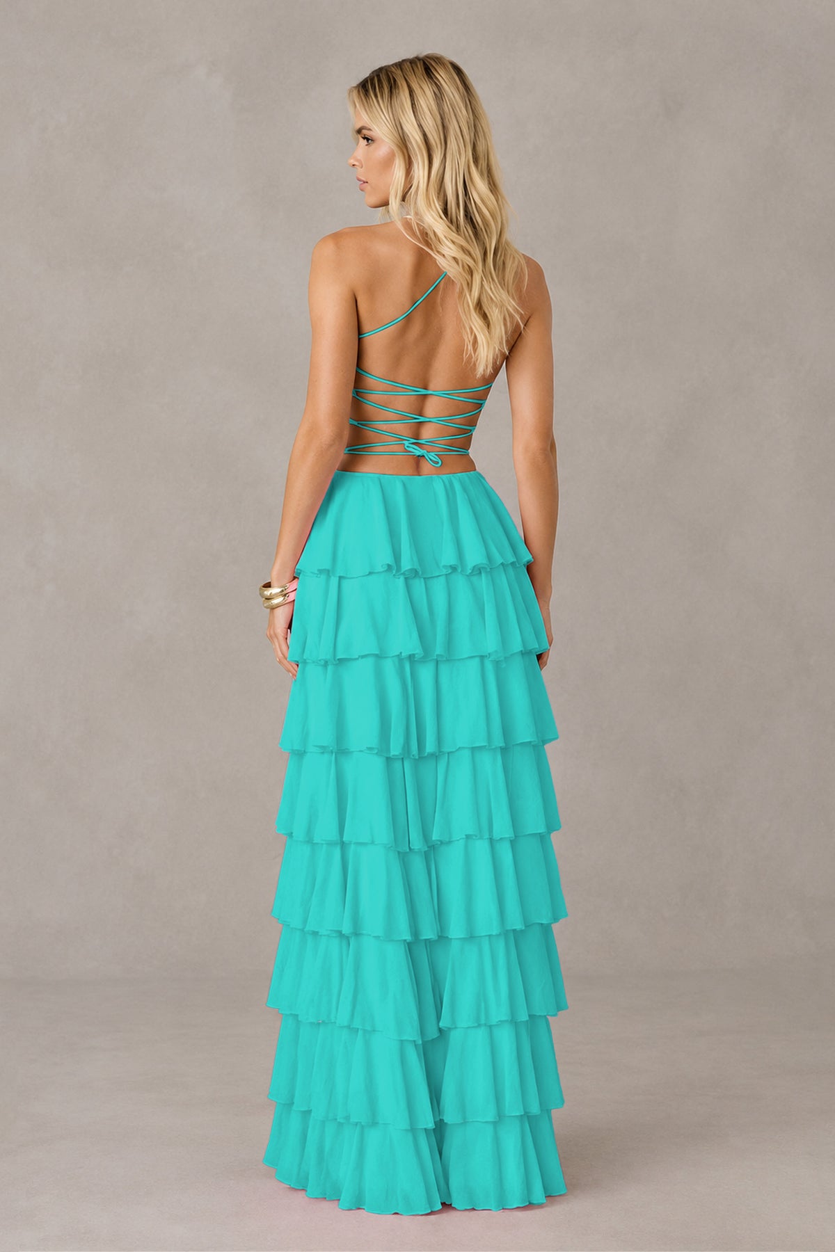 BOLODOO Turquoise Strapless Tiered Ruffle Maxi Dress with Slit & Lace-Up Back - Turquoise