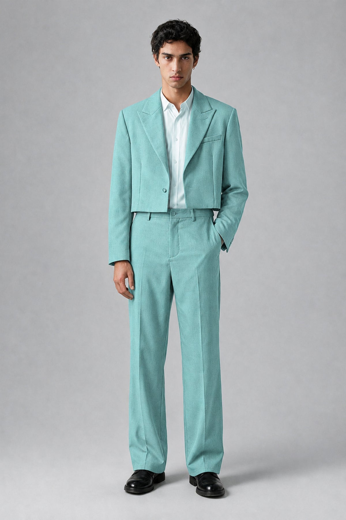 Bolodoo Men's Turquoise Cropped Blazer & Wide-Leg Trousers 2-Piece Suit - Turquoise - Turquoise (2)