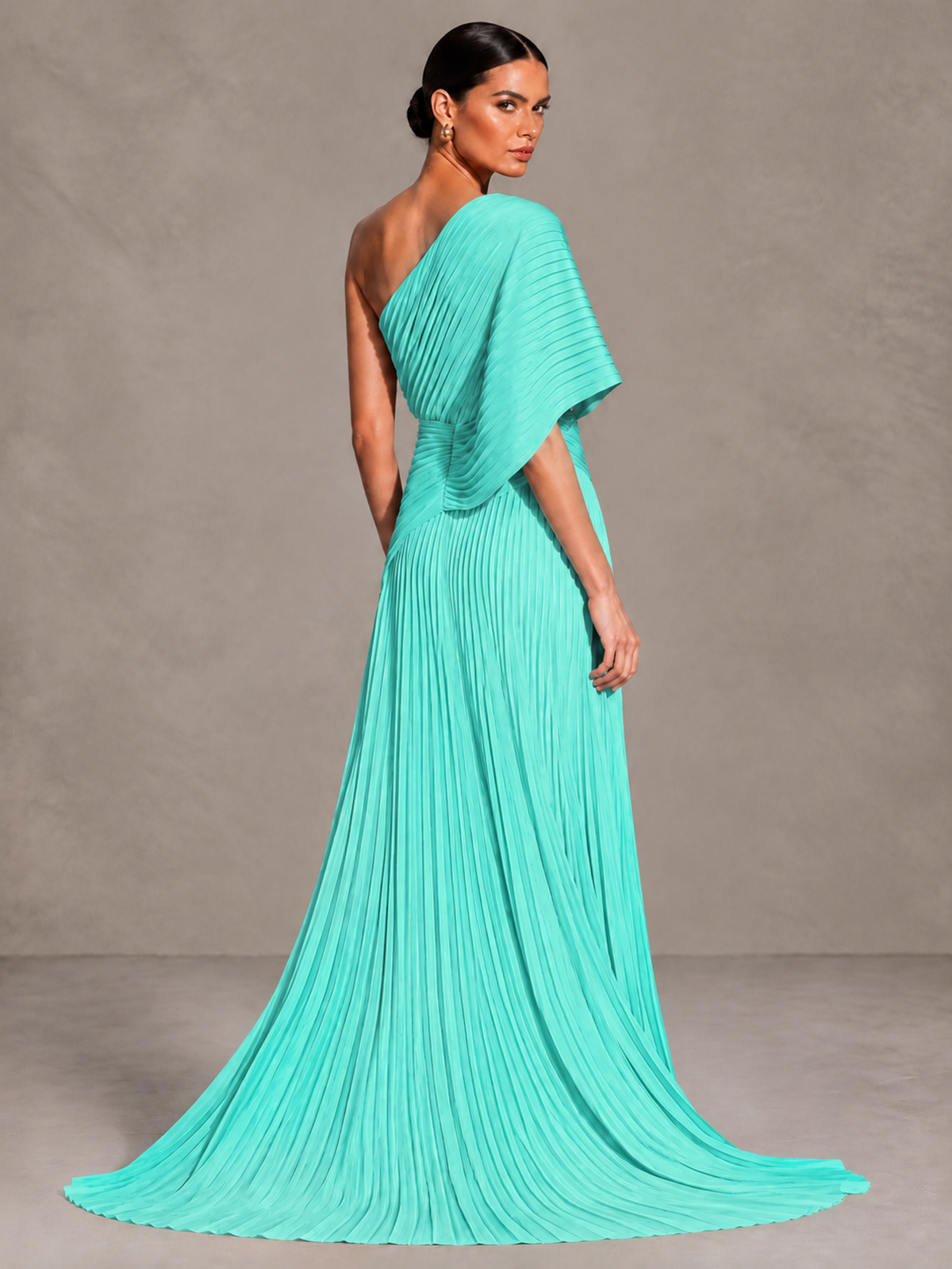BOLODOO Turquoise One-Shoulder Pleated Cape Evening Gown with Train - Turquoise - Turquoise (2)