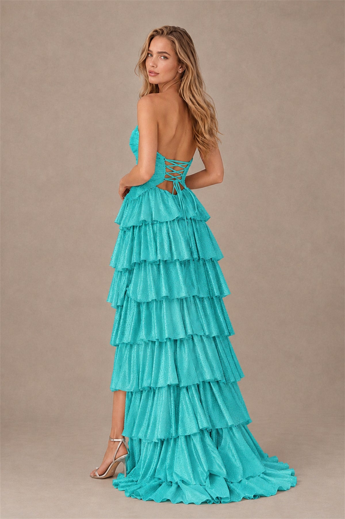 BOLODOO Turquoise Strapless Cutout Tiered Ruffle Prom Dress with High Slit - Turquoise - Turquoise (2)