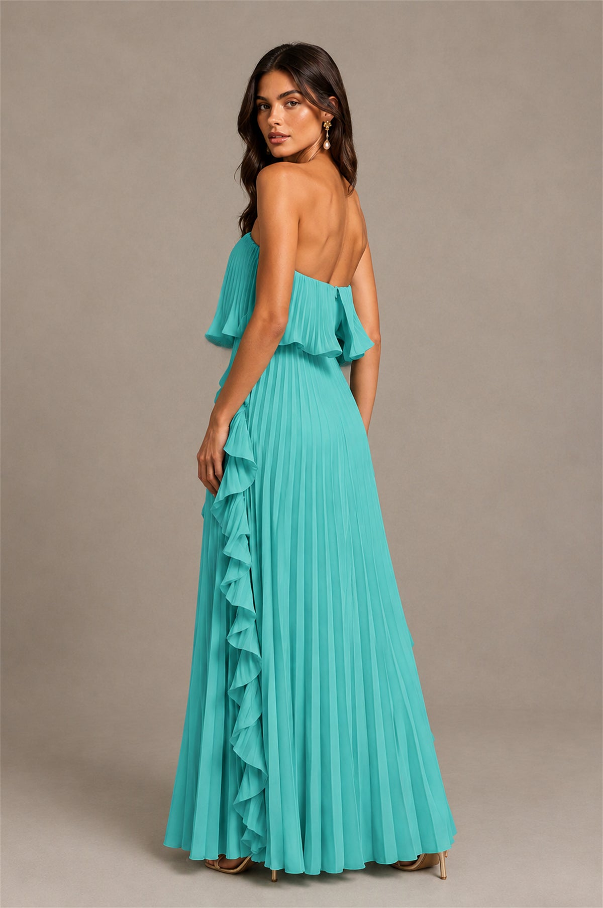 BOLODOO Turquoise Strapless Ruffle Bodice Dual Cascading Ruffle Accordion Pleated Chiffon Maxi Dress - Turquoise