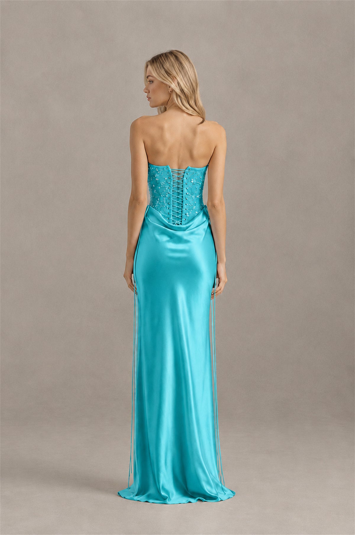 BOLODOO Turquoise Strapless Embellished Corset Satin-Look Maxi Dress - Turquoise
