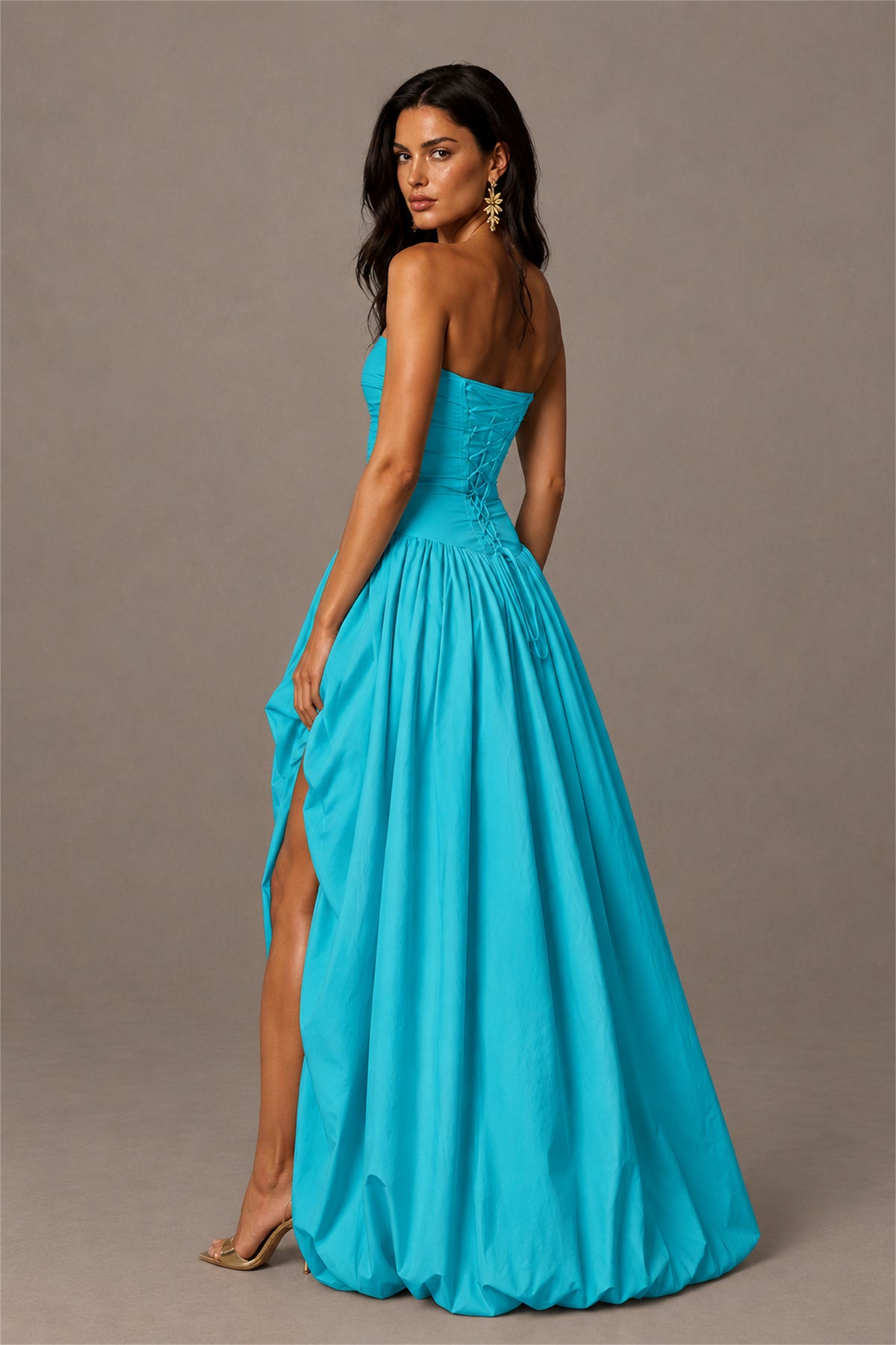 BOLODOO Turquoise Strapless Ruched Corset Lace-Up Back Bubble Skirt High Slit Taffeta Maxi Dress - Turquoise