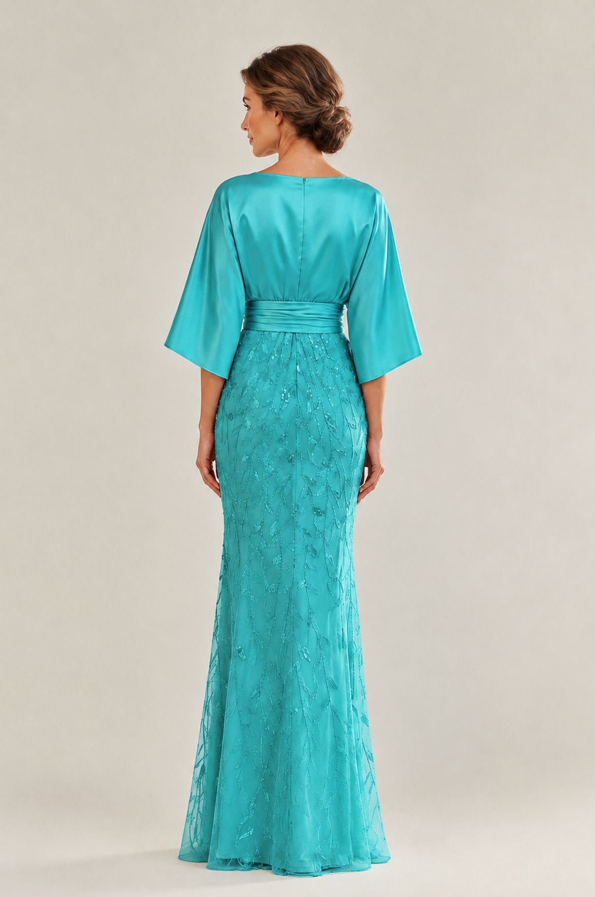BOLODOO Turquoise Mother of the Bride Dress with Kimono Sleeves, Satin Bodice & Sequin Embroidered Mermaid Floor-Length Gown - Turquoise - Turquoise (2)