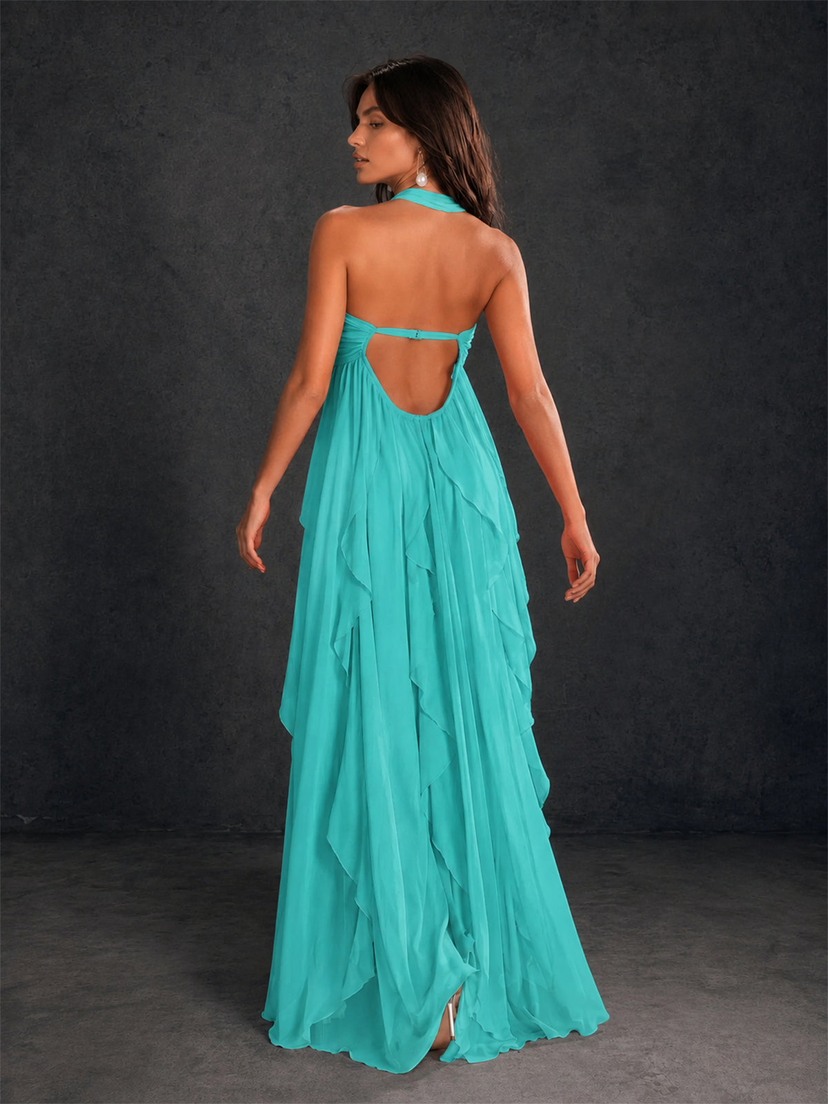 BOLODOO Turquoise Halter Neck Cascading Ruffle Chiffon Maxi Dress | Keyhole Open Back - Turquoise