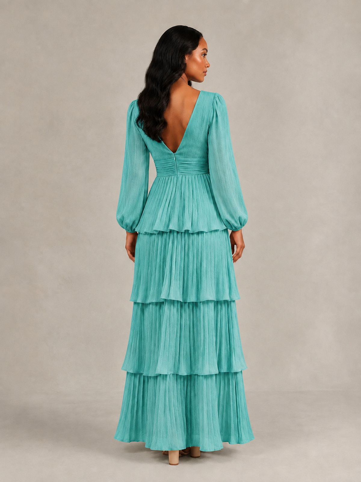 BOLODOO Turquoise Long-Sleeve Tiered Maxi Dress with Deep V-Neck - Turquoise