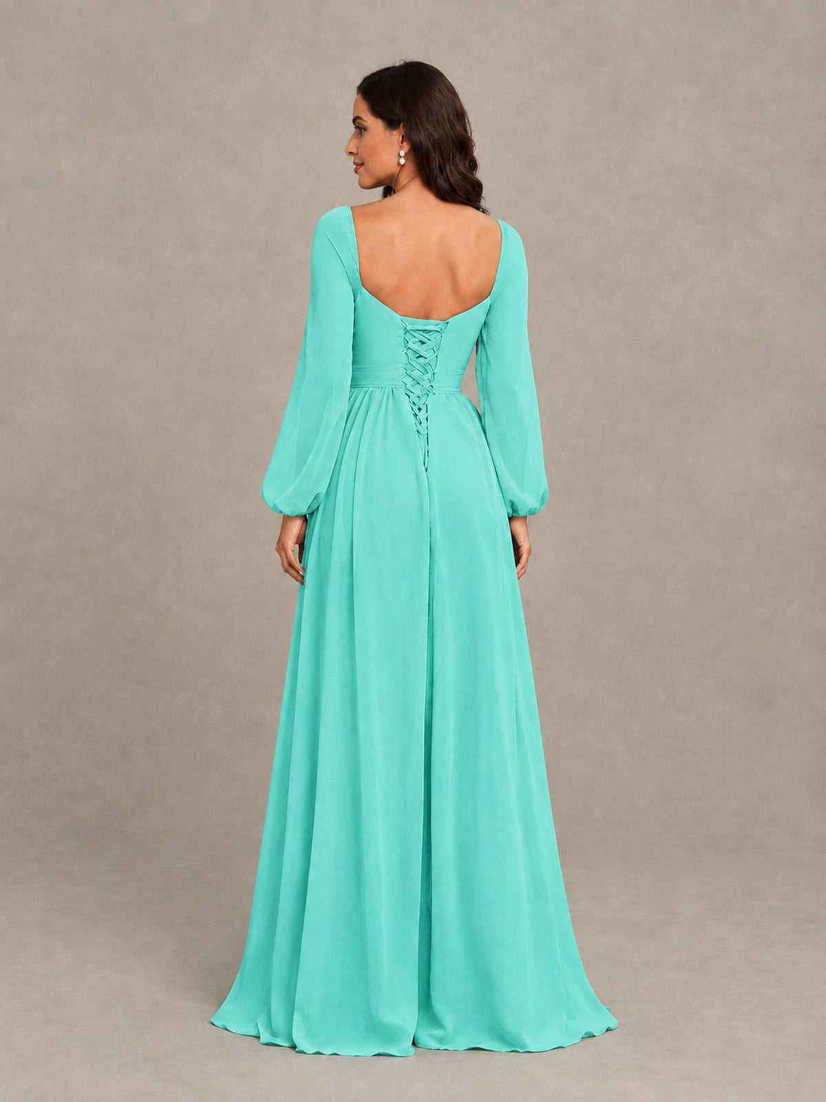 BOLODOO Turquoise Long Sleeve Chiffon Bridesmaid Dress with Slit - Turquoise - Turquoise (2)