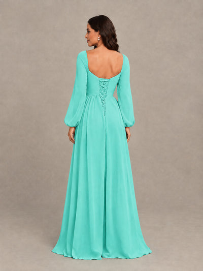 BOLODOO Turquoise Long Sleeve Chiffon Bridesmaid Dress with Slit - Turquoise - Turquoise (2)