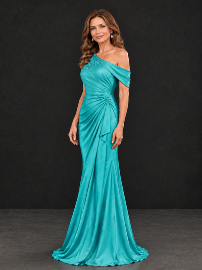 BOLODOO Turquoise Asymmetric Satin Mother of the Bride Dress with Lace Sleeve - Turquoise - Turquoise (2)