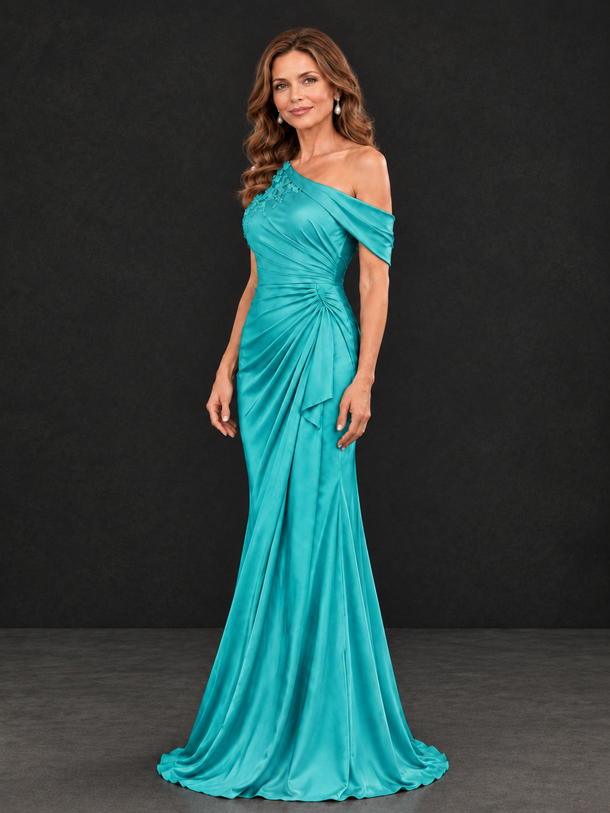 BOLODOO Turquoise Asymmetric Satin Mother of the Bride Dress with Lace Sleeve - Turquoise - Turquoise (2)