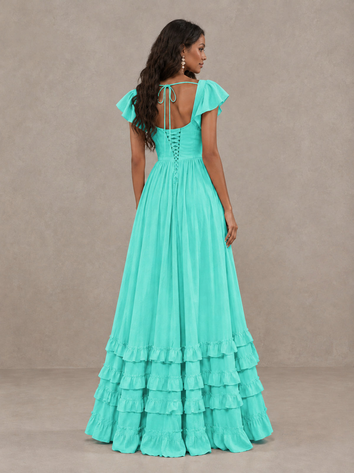 BOLODOO Turquoise Flutter Sleeve Ruffle Bridesmaid Dress with Slit - Turquoise - Turquoise (2)