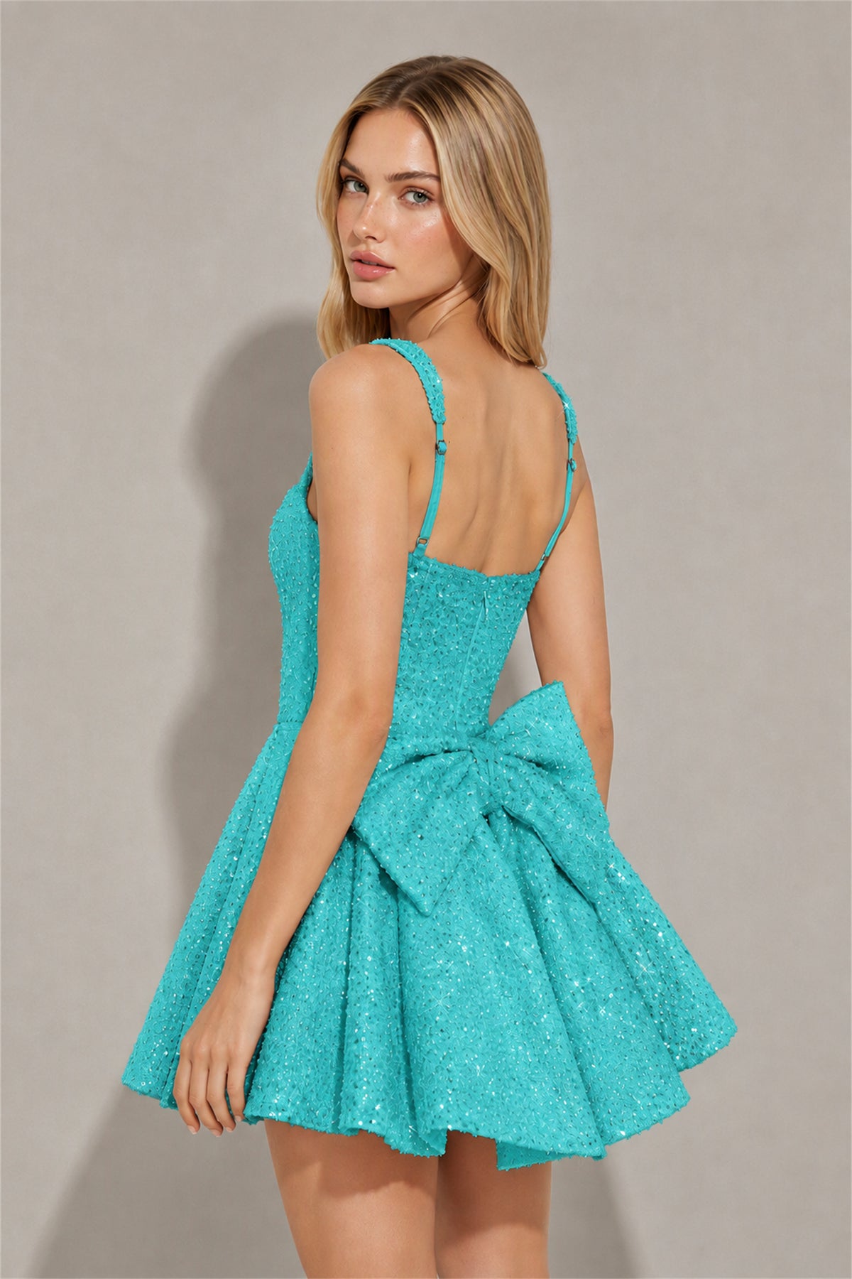 BOLODOO Turquoise Sequin Square Neck Wide Strap Bow Waist Open Back Fit and Flare Mini Dress | Prom Birthday Party Dress - Turquoise
