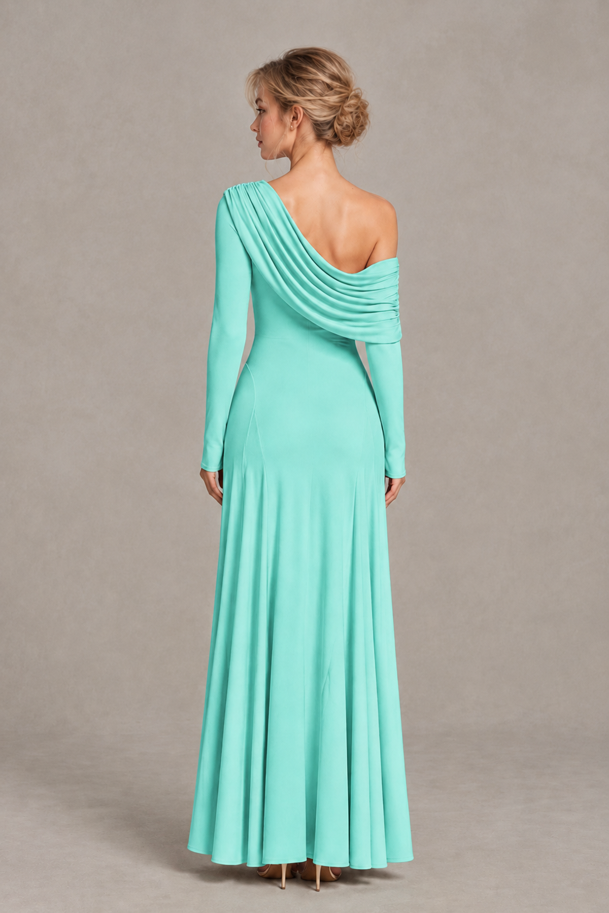 BOLODOO Turquoise Asymmetric Draped Long Sleeve Evening Gown - Turquoise