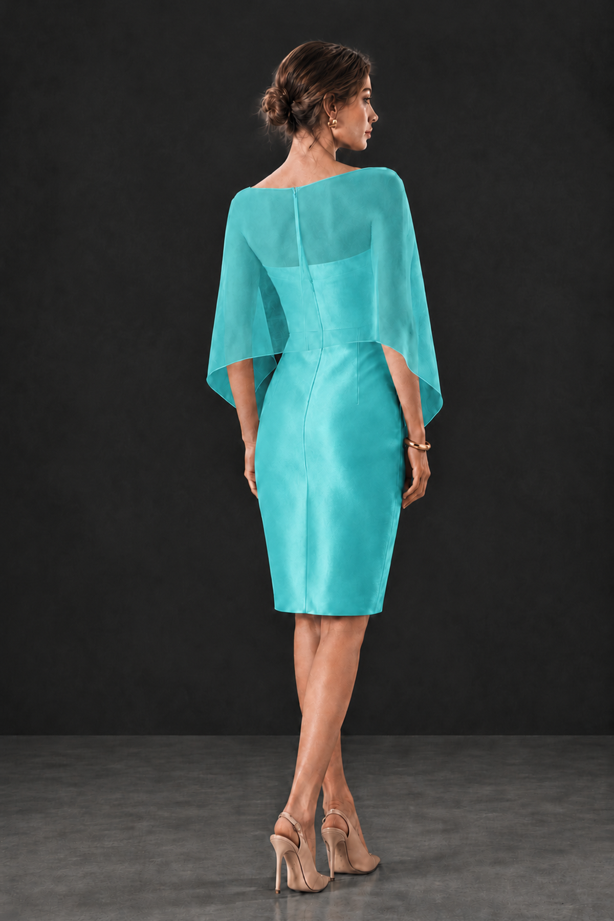 BOLODOO Turquoise Cape Knee-Length Mother of the Bride Dress - Turquoise - Turquoise (2)