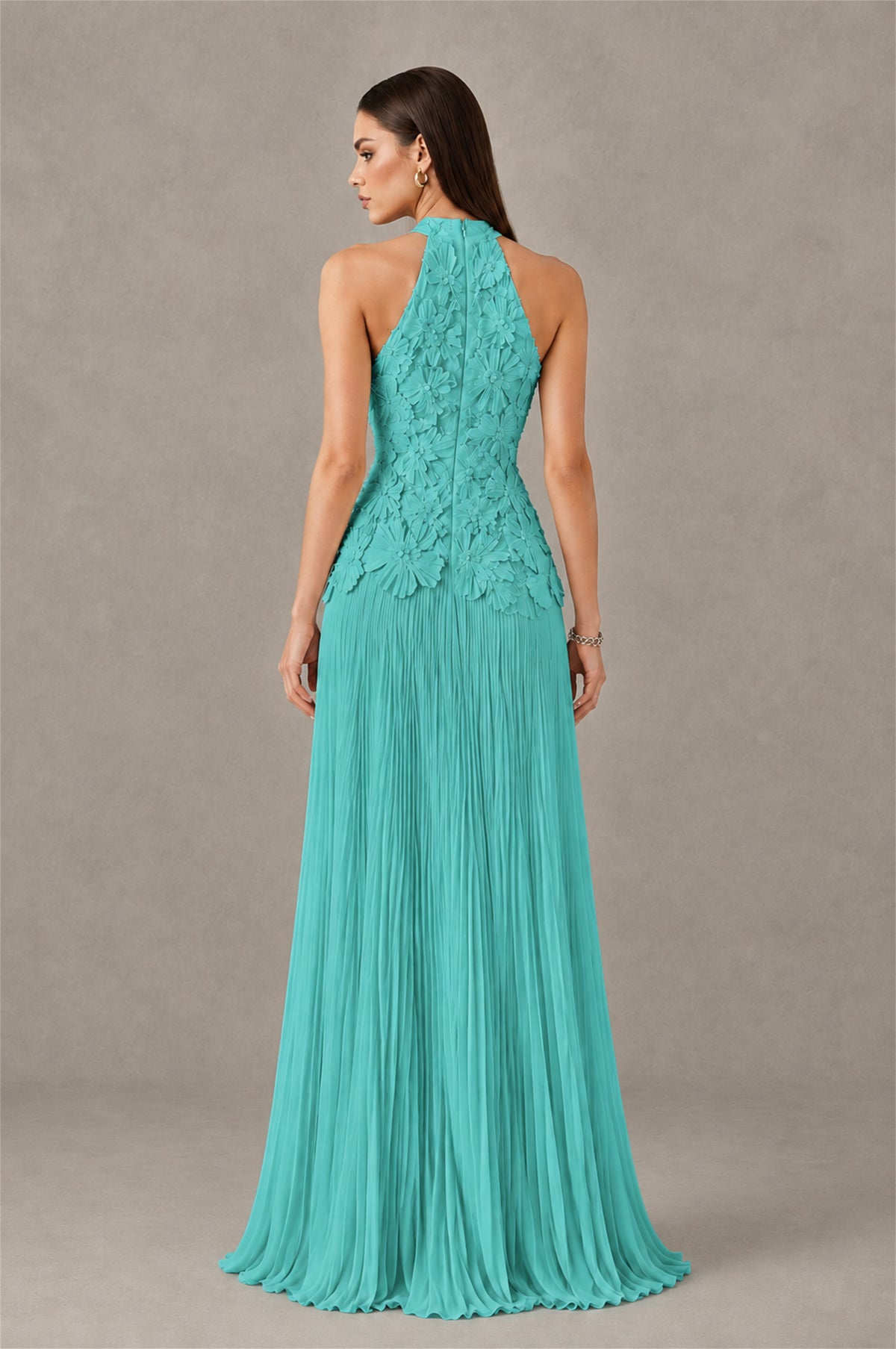 BOLODOO Turquoise 3D Floral Applique Halter Neck Open Back Pleated Maxi Dress - Turquoise