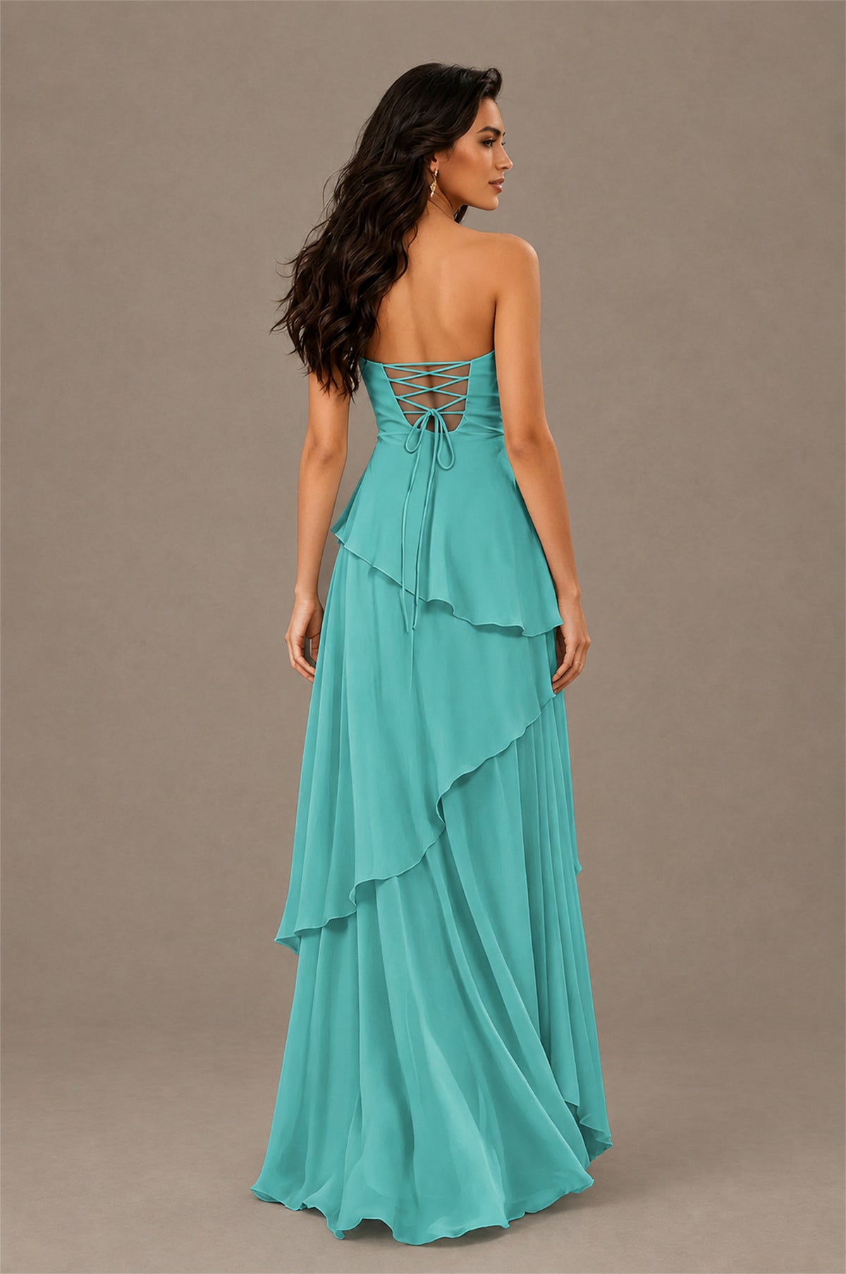 BOLODOO Turquoise Strapless Sweetheart Knotted Chiffon Tiered Maxi Dress with Lace-Up Back - Turquoise
